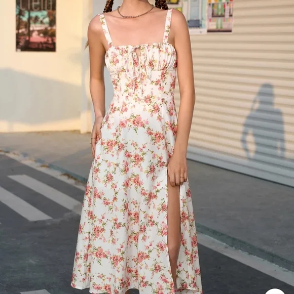 Parthea white pink floral sleeveless basque waist lace up thigh slit maxi dress - Picture 1 of 14